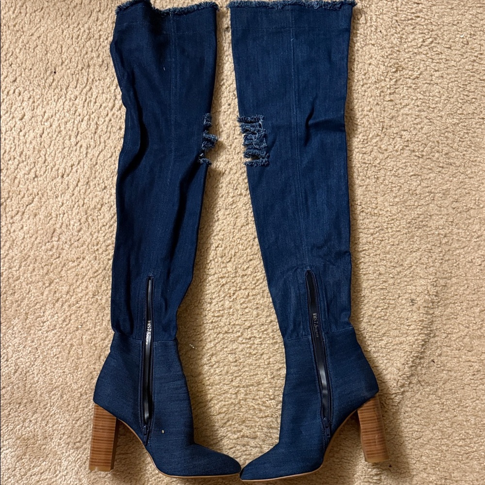 Blue Denim Knee-High Boots
